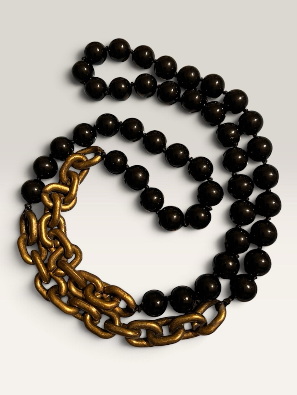 Hand-knotted Black Beaded Necklace with Antiqued Gold Chain